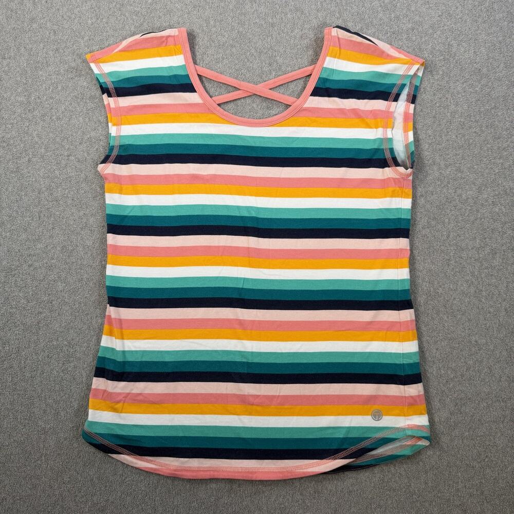 T by TALBOTS Women's X-Small Striped Criss-Cross Back Activewear Top Multicolor